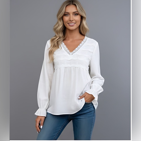 Tops - French Guipure Lace Trim Flare Sleeve Peplum Blouse